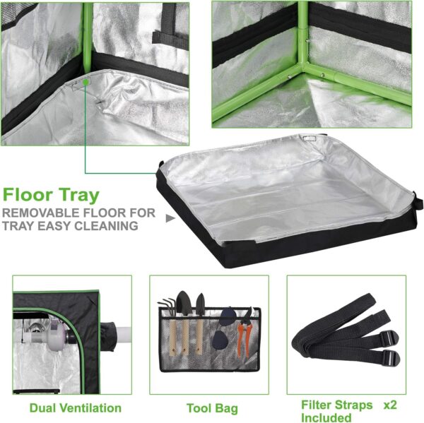 Grow Tent with Observation Window and Floor Tray, Mylar Membrane Hydroponics Reflective Opaque Lightproof Home Grow Room, Plant Growing, Black, 24 "x 24 "x 36" - Image 3