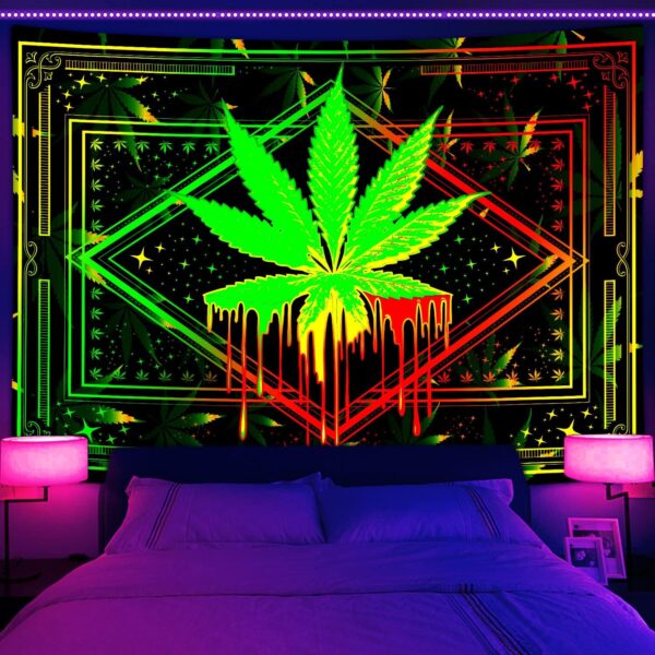 Weed Blacklight Tapestry UV Reactive, Cool Smoking Cannabis Leaf Black Light Trippy Art Poster for Men Room Bedroom Decor, Psychedelic 420 Glow in The Dark Blanket Party Decor - Image 2