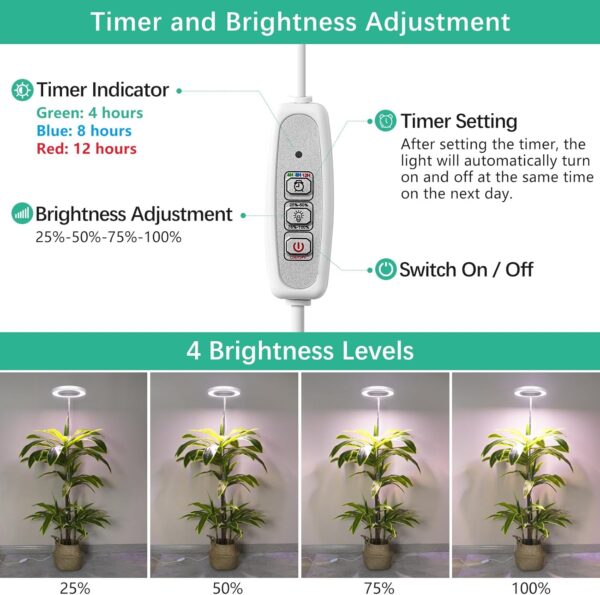 LORDEM Full Spectrum LED Grow Lights, Brightness Adjustable Plant Lamps with Auto On/Off Timer, Height Adjustable Growing Lights for Indoor Plants, Pack of 2 - Image 4