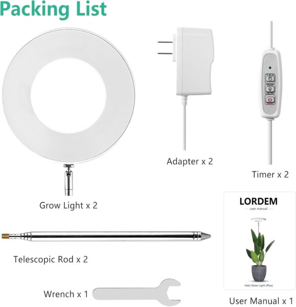LORDEM Full Spectrum LED Grow Lights, Brightness Adjustable Plant Lamps with Auto On/Off Timer, Height Adjustable Growing Lights for Indoor Plants, Pack of 2 - Image 6