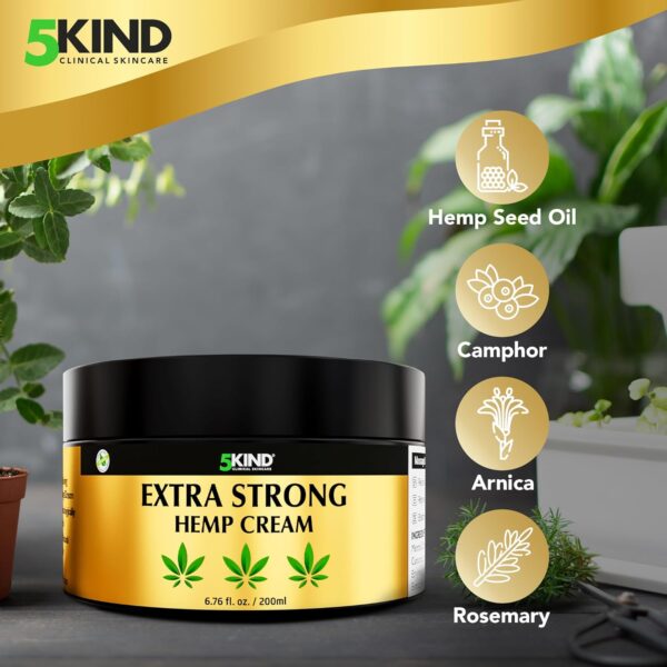 5kind Extra Strong Hemp Cream 6.76 fl oz- Hemp Cream Maximum Strength - Natural Soothing Relief Joint Cream - Muscle Rub for Lower Back, Joints, Neck, Knees & Shoulders - Maximum Strength Hemp Cream - Image 2