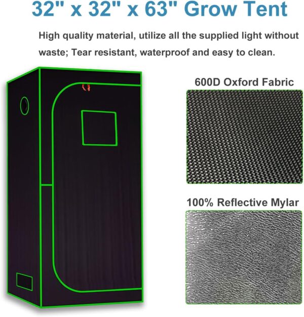 Grow Tent Kit Complete System High Reflective Mylar Indoor Grow Tent Hydroponics Growing Tent with Full Spectrum LED Grow Light Observation Window, Ventilation Fan,Carbon Filter (32" x32" x 63") - Image 6