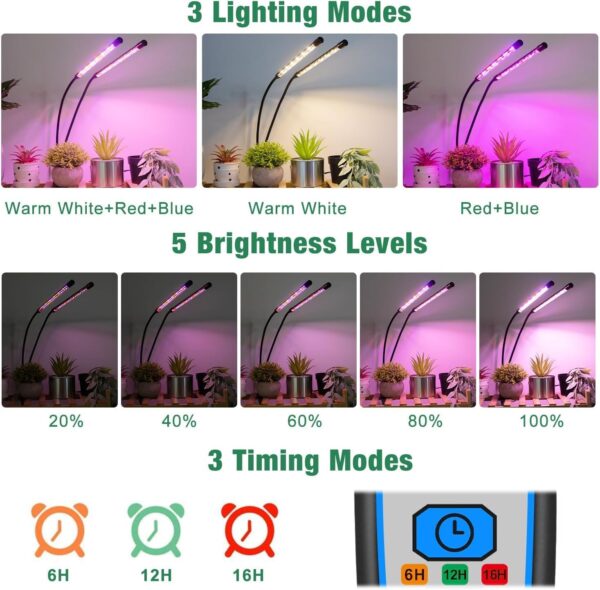 Garpsen Grow Lights for Indoor Plants, 2PCS 2 Heads Full Spectrum Led Grow Lights for Seed Starting, 80 LEDs Plant Grow Light, with Auto ON/Off 6/12/16H Timer, 5 Dimmable Levels (460nm/660nm/3000K) - Image 3