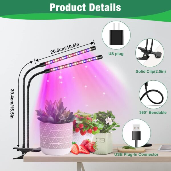 Garpsen Grow Lights for Indoor Plants, 2PCS 2 Heads Full Spectrum Led Grow Lights for Seed Starting, 80 LEDs Plant Grow Light, with Auto ON/Off 6/12/16H Timer, 5 Dimmable Levels (460nm/660nm/3000K) - Image 5