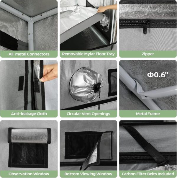 RichYa 4x2 Grow Tent Highest Density Diamond Reflective Mylar Oxford Fabric with Double Transparent Observation Window Extra Hanging Bars High CFM Kit & Floor Tray for Hydroponic Indoor Plant Growing - Image 4