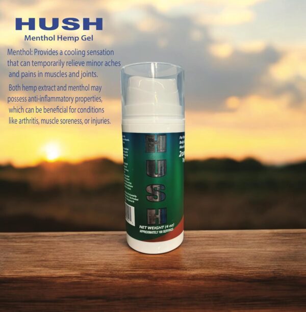 Hush Topical Menthol Gel with Hemp Extract, 4oz Pump. Designed to Provide a Cooling Sensation and Help Alleviate discomfort. Perfect for on The go. Great for use After Sports - Image 3