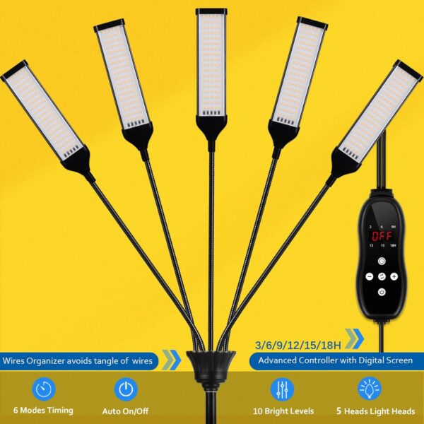 Grow Lights for Indoor Plants, Aukphie Full Spectrum led Grow Light with Stand, Auto On/Off Timing 3/6/9/12/15/18H & 10 Brightness Levels (5 Light Heads) - Image 2