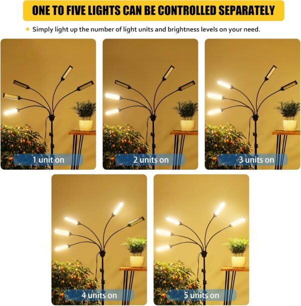 Grow Lights for Indoor Plants, Aukphie Full Spectrum led Grow Light with Stand, Auto On/Off Timing 3/6/9/12/15/18H & 10 Brightness Levels (5 Light Heads) - Image 5