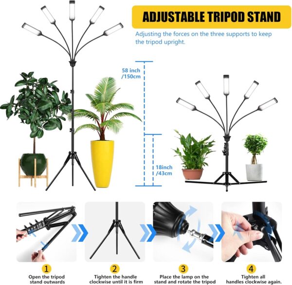 Grow Lights for Indoor Plants, Aukphie Full Spectrum led Grow Light with Stand, Auto On/Off Timing 3/6/9/12/15/18H & 10 Brightness Levels (5 Light Heads) - Image 8
