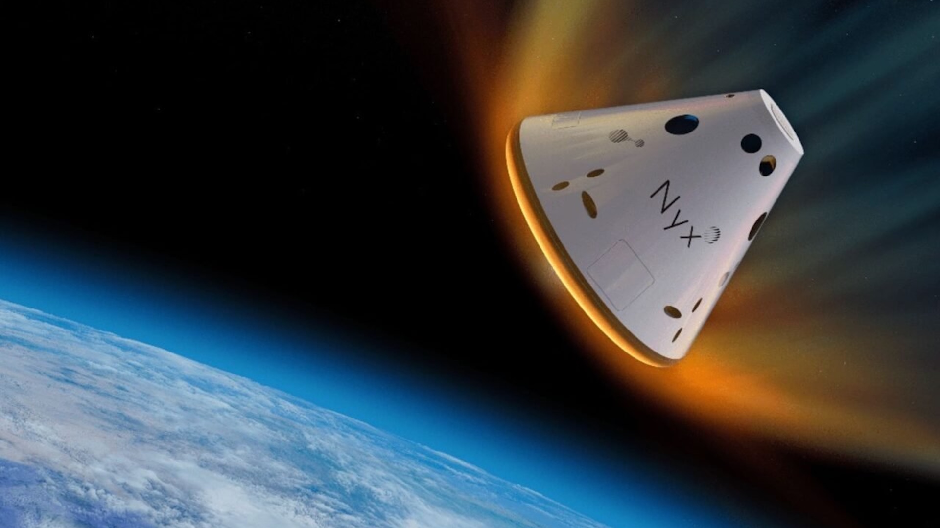 an illustration of a spacecraft with a trail of fire as it enters Earth's atmosphere