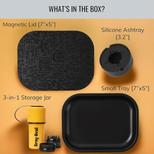 Black Rolling Tray Set with Magnetic Lid 7"x5" - Smoking Accessories by Gray Oval - Image 2