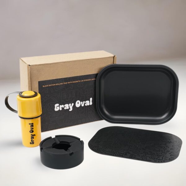 Black Rolling Tray Set with Magnetic Lid 7"x5" - Smoking Accessories by Gray Oval - Image 6