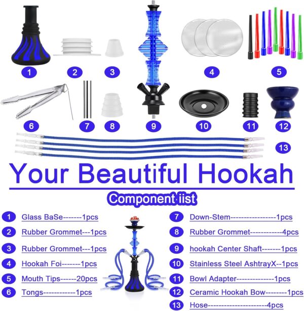 21" 4-Hose Shisha Hookah Set with 20 Mouth Tips, 20 Hookah Charcoal, 50 Foil & Accessories - Portable Stainless Steel Water Pipe for Home/Party Use, Easy Clean & Durable Design (A-Blue) - Image 2