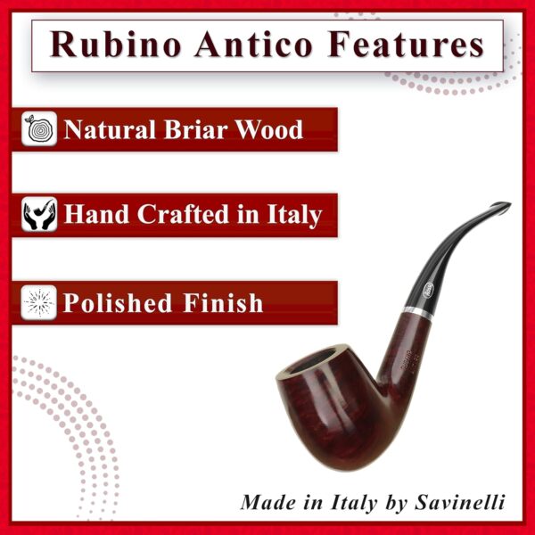 Rossi Rubino Antico Handmade Briar Pipe by Savinelli - Deep Red Hand Brushed Stain With Polished Finish & Rich Wood Grain, 6mm (8606) - Image 3