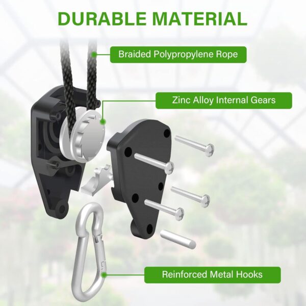iPower GLROPEX6-A Horticulture 1/8 Inch 8-Feet Long Adjustable Heavy Duty Rope Clip Hanger 6-Pair, Reinforced Metal Internal Gears,150lbs Capacity, 6 Pairs, black - Image 2
