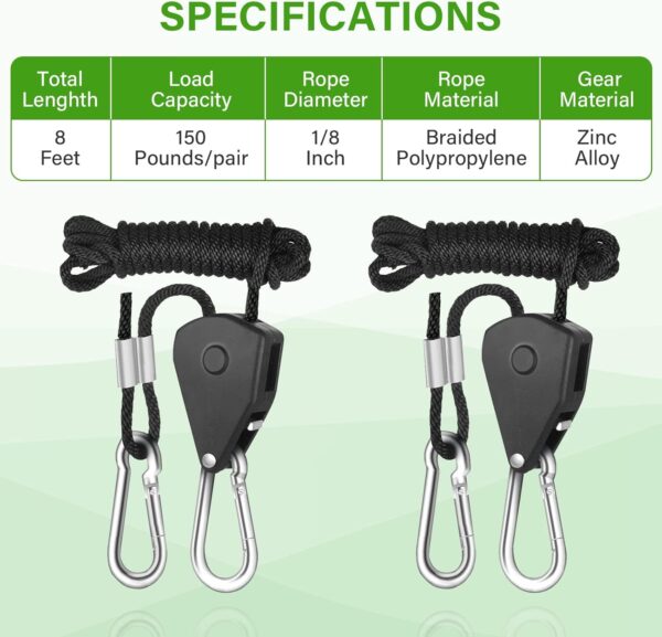 iPower GLROPEX6-A Horticulture 1/8 Inch 8-Feet Long Adjustable Heavy Duty Rope Clip Hanger 6-Pair, Reinforced Metal Internal Gears,150lbs Capacity, 6 Pairs, black - Image 3