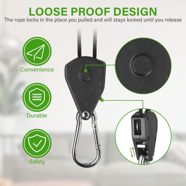 iPower GLROPEX6-A Horticulture 1/8 Inch 8-Feet Long Adjustable Heavy Duty Rope Clip Hanger 6-Pair, Reinforced Metal Internal Gears,150lbs Capacity, 6 Pairs, black - Image 4