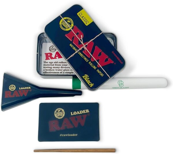 RAW Pre Rolled Cone Loader: 1-1/4 Size, King, & 98 Special Mess Free Perfect Cone Packer – 5 Piece Kit – Static Free Scoop Card, Funnel, & Packing Tool, RAWthentic Tin - Image 2