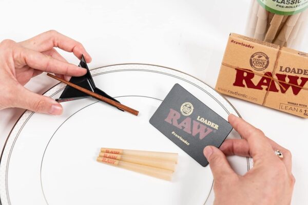 RAW Pre Rolled Cone Loader: 1-1/4 Size, King, & 98 Special Mess Free Perfect Cone Packer – 5 Piece Kit – Static Free Scoop Card, Funnel, & Packing Tool, RAWthentic Tin - Image 3