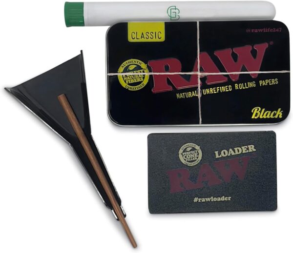 RAW Pre Rolled Cone Loader: 1-1/4 Size, King, & 98 Special Mess Free Perfect Cone Packer – 5 Piece Kit – Static Free Scoop Card, Funnel, & Packing Tool, RAWthentic Tin - Image 5