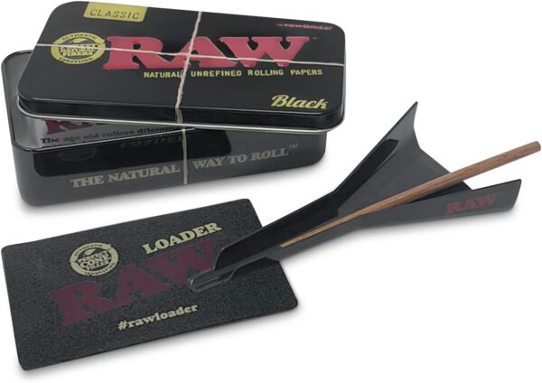 RAW Pre Rolled Cone Loader: 1-1/4 Size, King, & 98 Special Mess Free Perfect Cone Packer – 5 Piece Kit – Static Free Scoop Card, Funnel, & Packing Tool, RAWthentic Tin - Image 8