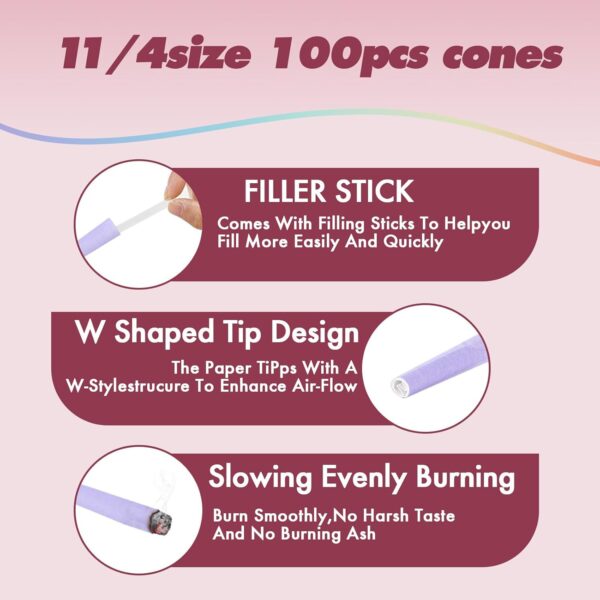 MUFSTILL 100 PACK Colorful Rolling Paper Cone 108 MM | Natural King Size Pre Rolled Cones with Loader and Packing Sticks - Image 4