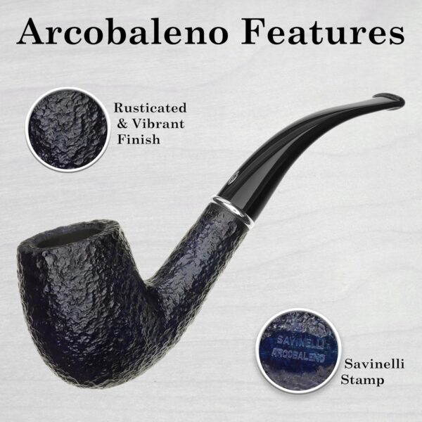 Savinelli Arcobaleno Rusticated Blue 606 KS - Colorful Hand Crafted Wood Pipes, Handmade Briar Pipe From Italy, 6mm, Bent Billiard - Image 2