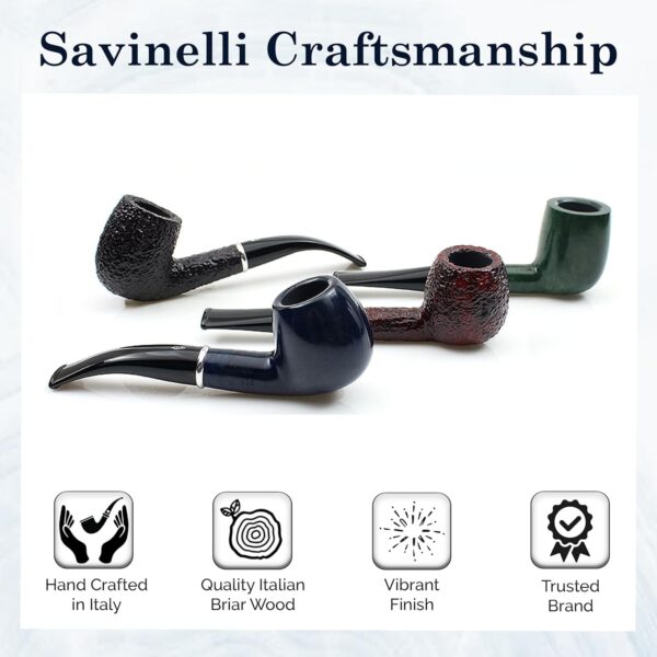 Savinelli Arcobaleno Rusticated Blue 606 KS - Colorful Hand Crafted Wood Pipes, Handmade Briar Pipe From Italy, 6mm, Bent Billiard - Image 7