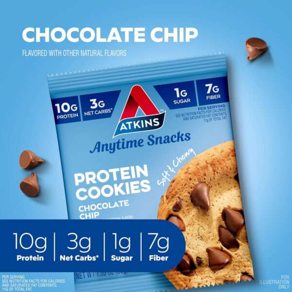 Atkins Chocolate Chip Protein Cookie, Protein Dessert, Rich in Fiber, 3g Net Carb, 1g Sugar, Keto Friendly, 4 Count - Image 2