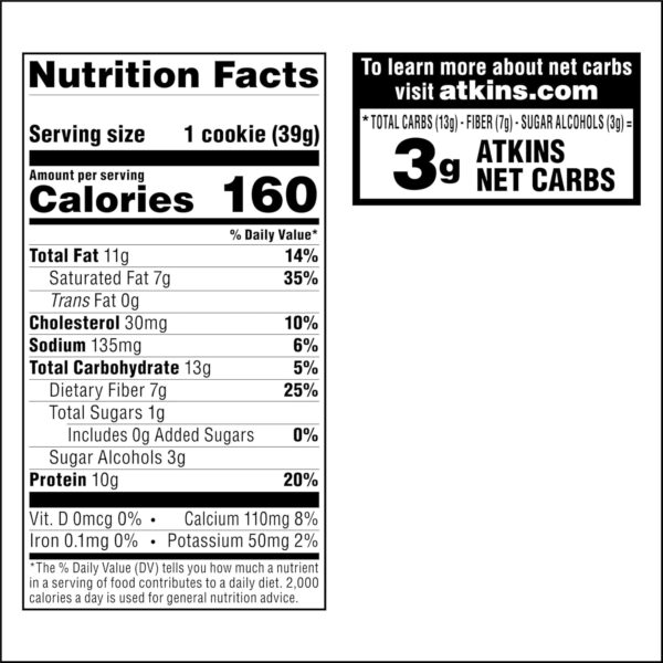 Atkins Chocolate Chip Protein Cookie, Protein Dessert, Rich in Fiber, 3g Net Carb, 1g Sugar, Keto Friendly, 4 Count - Image 8