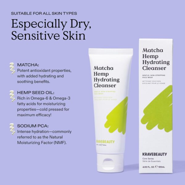 KraveBeauty Matcha Hemp Hydrating Cleanser - Daily Gentle Non-Stripping Face Wash Enriched with Matcha and Hemp Seed Oil, for All Skin Types, Vegan and Cruelty Free, 4.05 fl oz - Image 6