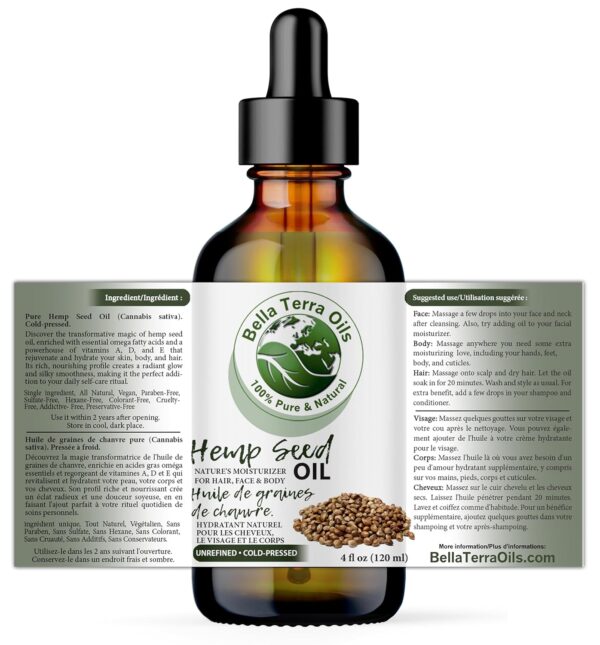 Bella Terra Oils - Hemp Seed Oil 4 oz - Cold-Pressed & Nutrient-Rich, Infused with Phytosterols, Potassium & Calcium for Skin & Hair Care - Image 2