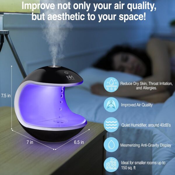 Anti Gravity Humidifier for Bedroom, Home, Office Desk, Plants, Indoor Use, 7 Color Light Options, Ultrasonic Cool Mist, Small Air Humidifier, Water Drop Effect - Image 2