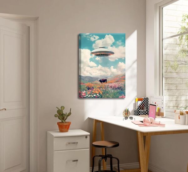 Retro Ufo Canvas Wall Art Alien Abduction Cow Paintings Pictures Wall Decor Trippy Spaceship Poster Printing for Bedroom Living Room Dormitory Home Decoration - Image 2