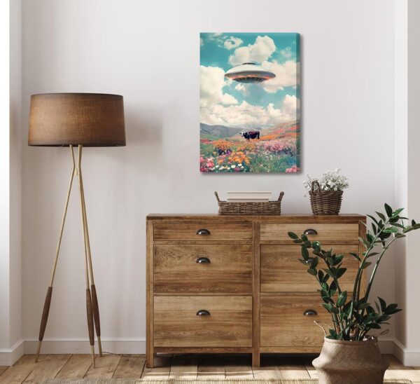 Retro Ufo Canvas Wall Art Alien Abduction Cow Paintings Pictures Wall Decor Trippy Spaceship Poster Printing for Bedroom Living Room Dormitory Home Decoration - Image 3