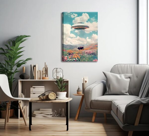 Retro Ufo Canvas Wall Art Alien Abduction Cow Paintings Pictures Wall Decor Trippy Spaceship Poster Printing for Bedroom Living Room Dormitory Home Decoration - Image 4