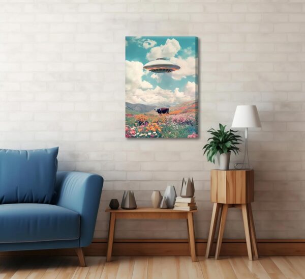 Retro Ufo Canvas Wall Art Alien Abduction Cow Paintings Pictures Wall Decor Trippy Spaceship Poster Printing for Bedroom Living Room Dormitory Home Decoration - Image 5