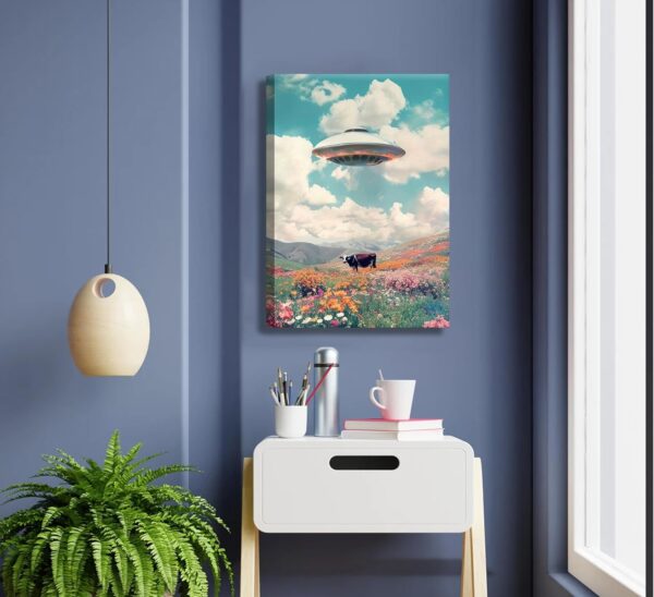 Retro Ufo Canvas Wall Art Alien Abduction Cow Paintings Pictures Wall Decor Trippy Spaceship Poster Printing for Bedroom Living Room Dormitory Home Decoration - Image 6