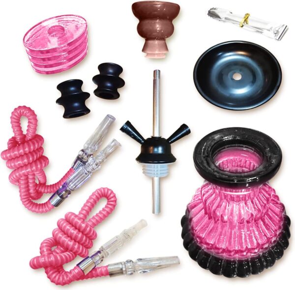 Hookah Set with 2 Hose 11" Premium Portable Mini Hookah Complete Set Hookah Glass Vase with 50 Disposable Tips, 50 Pre-Punched Aluminum Foil Coal Tong (Pink hookah set with accessories) - Image 2