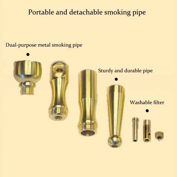 Compact Metal Tobacco Pipe Set with Built-in Filter – Golden Finish, Easy to Clean – Includes Cleaning Tool, Brush & Extra Filter Inserts – 3.94” Pocket-Size Pipe for Tobacco Use (1 PC) - Image 2