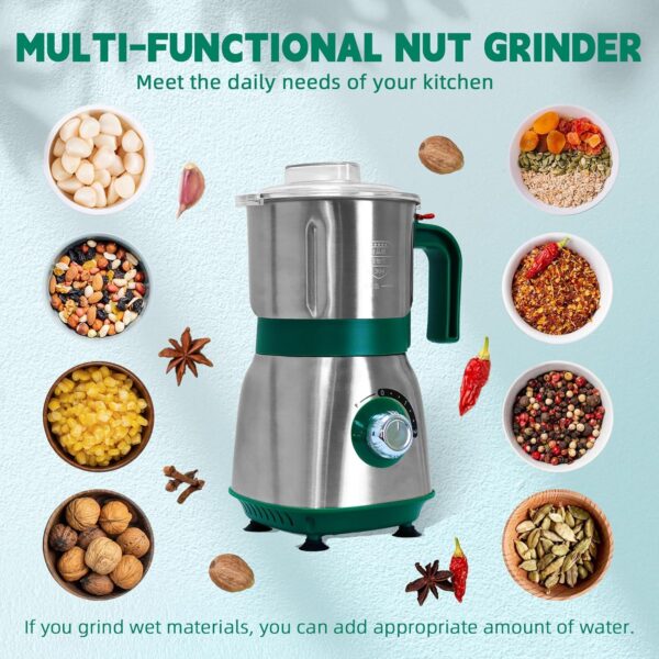 Spice Grinder Electric,Herb Nut Grinder for Kitchen,Detachable Espresso Grinder with Stainless Steel Blades,Filter and Brush, 500w Dry and Wet Grain Mill for Coffee,Rice,Bean,Seasoning(Green) - Image 2
