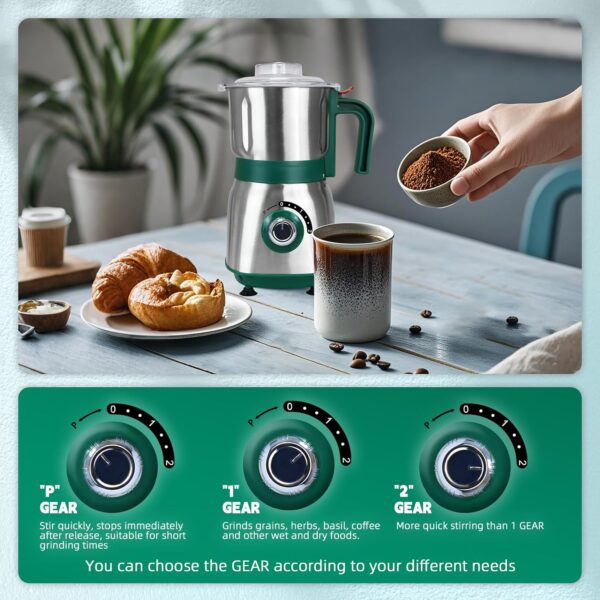 Spice Grinder Electric,Herb Nut Grinder for Kitchen,Detachable Espresso Grinder with Stainless Steel Blades,Filter and Brush, 500w Dry and Wet Grain Mill for Coffee,Rice,Bean,Seasoning(Green) - Image 5