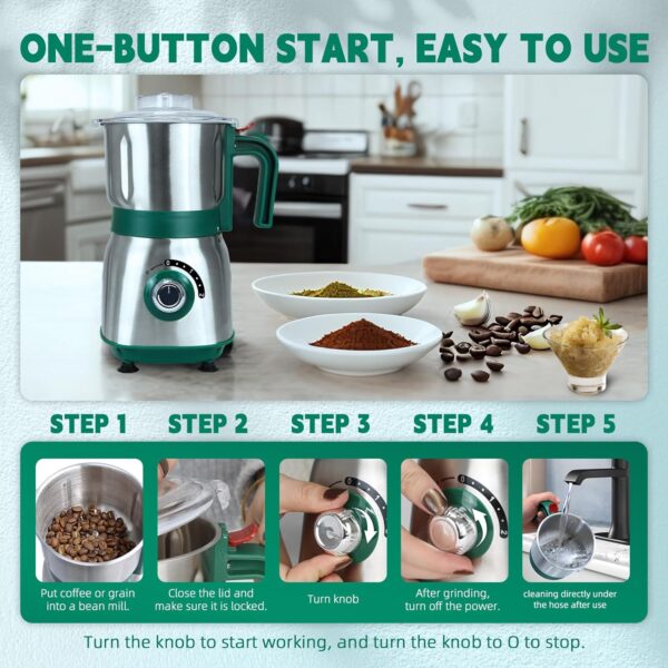 Spice Grinder Electric,Herb Nut Grinder for Kitchen,Detachable Espresso Grinder with Stainless Steel Blades,Filter and Brush, 500w Dry and Wet Grain Mill for Coffee,Rice,Bean,Seasoning(Green) - Image 6