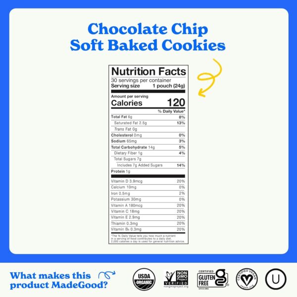 MadeGood Soft Baked Chocolate Chip Mini Cookies, Gluten Free & Safe For School Snacks, 30 Count - Image 2