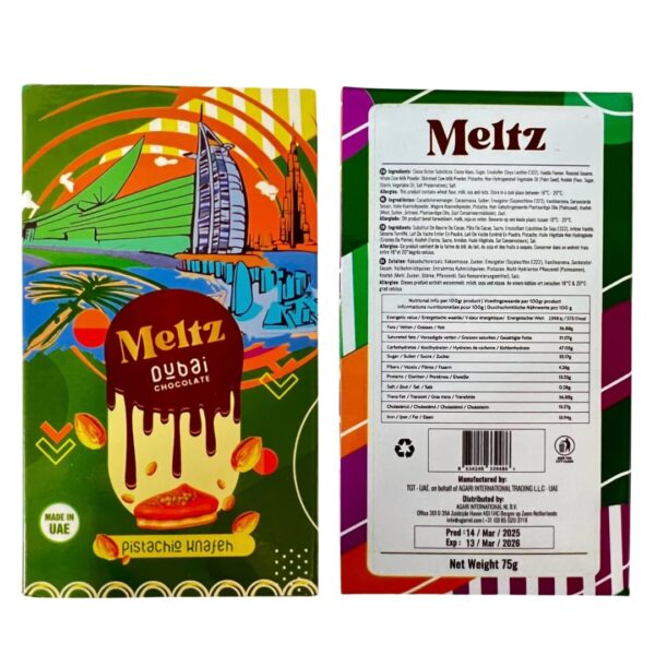 Meltz Dubai Chocolate Bar Pistachio 75g - Kunafa Bar with Pistachio Cream Filling – Luxurious Fix Dubai Chocolate – Best Gifts for Kids, Family & Friend (Pack of 1) - Image 4