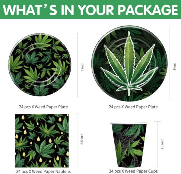 Weed Party Decorations Supplies, Weed Birthday Decorations, Paper Plate, Napkin, Cup, Tablecloth, Banner, Swirls, Green Pot Weed Leaves Party Decor For Adults 420 Birthday, Serves 24 - Image 2
