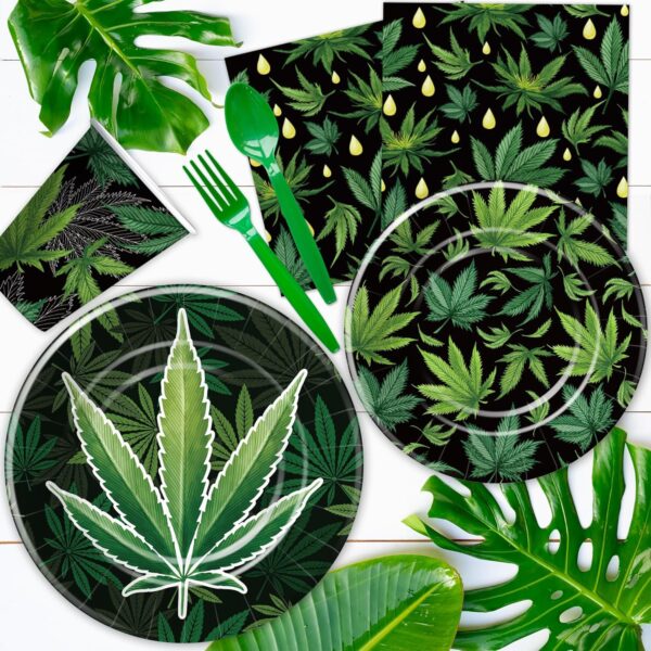 Weed Party Decorations Supplies, Weed Birthday Decorations, Paper Plate, Napkin, Cup, Tablecloth, Banner, Swirls, Green Pot Weed Leaves Party Decor For Adults 420 Birthday, Serves 24 - Image 4