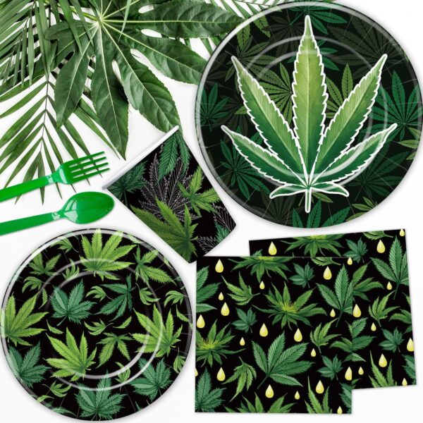 Weed Party Decorations Supplies, Weed Birthday Decorations, Paper Plate, Napkin, Cup, Tablecloth, Banner, Swirls, Green Pot Weed Leaves Party Decor For Adults 420 Birthday, Serves 24 - Image 5