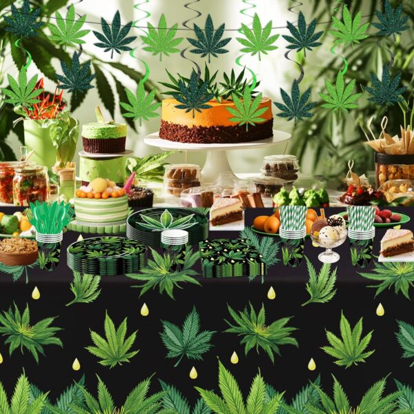 Weed Party Decorations Supplies, Weed Birthday Decorations, Paper Plate, Napkin, Cup, Tablecloth, Banner, Swirls, Green Pot Weed Leaves Party Decor For Adults 420 Birthday, Serves 24 - Image 6