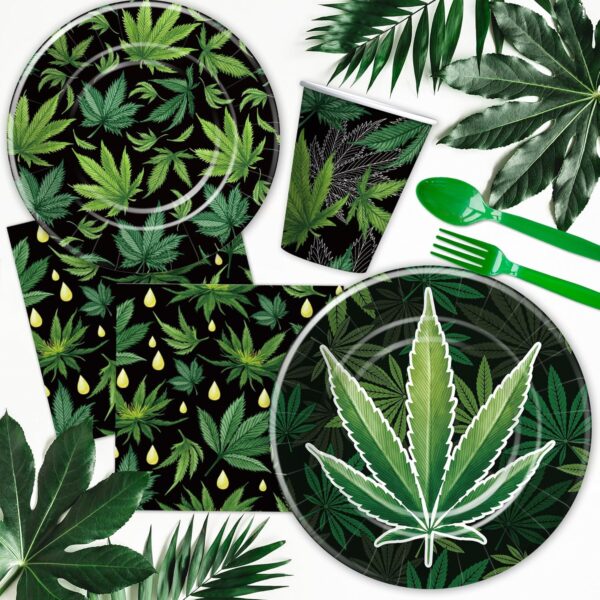 Weed Party Decorations Supplies, Weed Birthday Decorations, Paper Plate, Napkin, Cup, Tablecloth, Banner, Swirls, Green Pot Weed Leaves Party Decor For Adults 420 Birthday, Serves 24 - Image 7